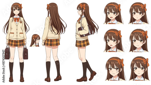Anime schoolgirl character sheet with multiple poses and expressions