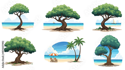 Serene beach trees and palm trees by ocean