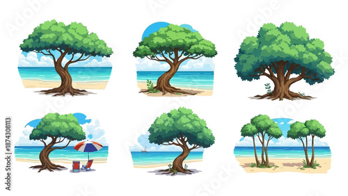 Vibrant beach trees with lush green leaves by serene ocean