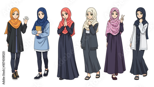 Diverse Muslim women in various hijab styles and poses