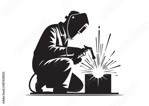 welding logo vector silhouette design, welder logo icon silhouette, vector silhouettes of workers welding metal, fabrication work vector silhouette logo design on white background