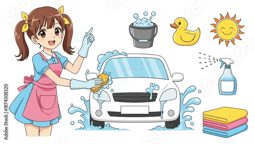Happy cartoon girl washing a white car on a sunny day