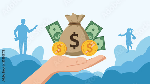 Hand holds a large bag of money and gold coins while silhouettes of people stand on clouds in the background.