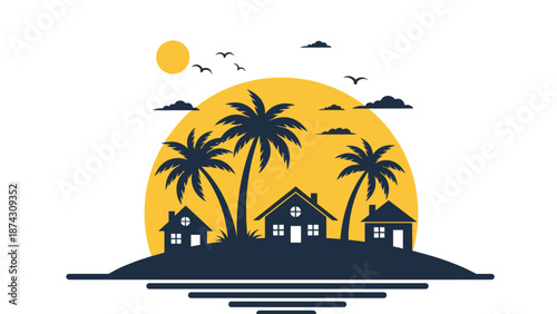 Tropical island silhouette at sunset featuring palm trees and small houses against a large yellow sun and birds flying in a peaceful scene.
