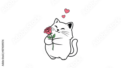 Charming white cat character holding a beautiful pink rose with both paws and closed eyes surrounded by small floating hearts of affection.