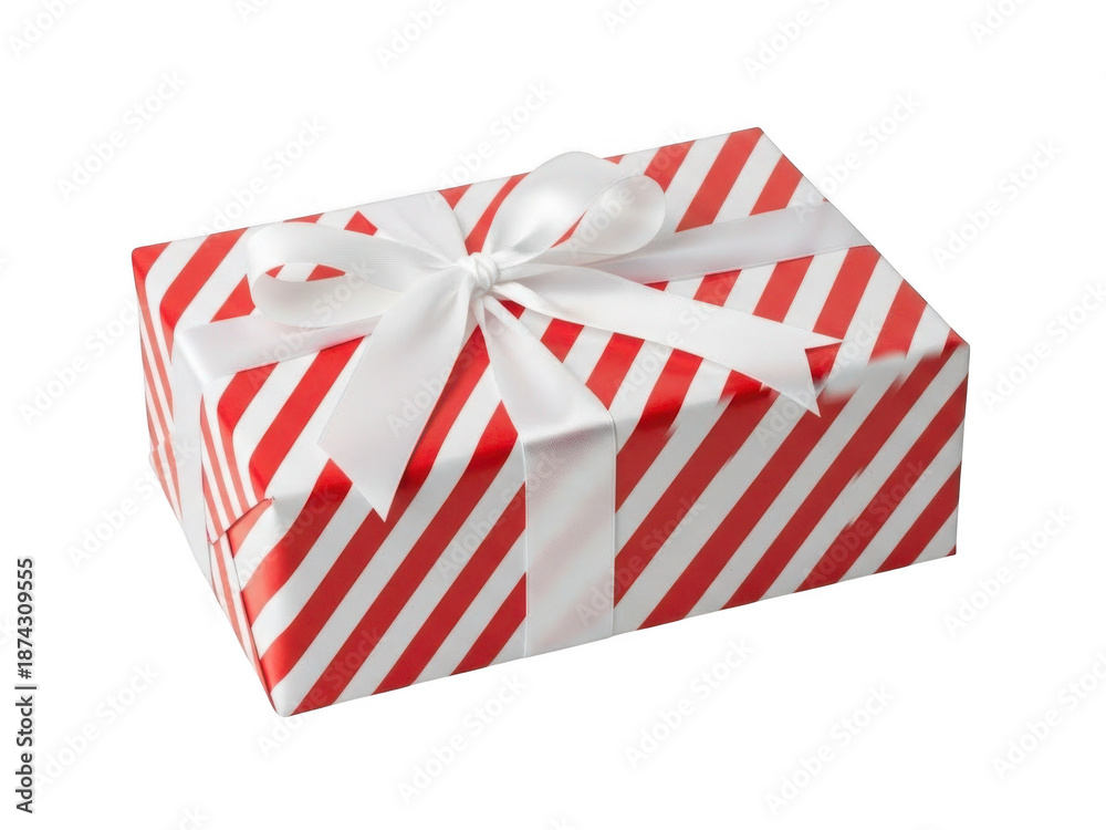 Fototapeta premium Red and white striped gift box with bow isolated on transparent background
