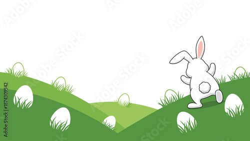 Energetic white rabbit hopping over green hills filled with many white Easter eggs, capturing the excitement of an egg hunt in a field.