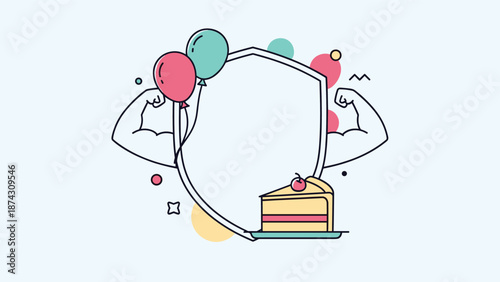 Strong shield symbol with muscular arms holding colorful balloons and a slice of cake, representing healthy celebration and protection.