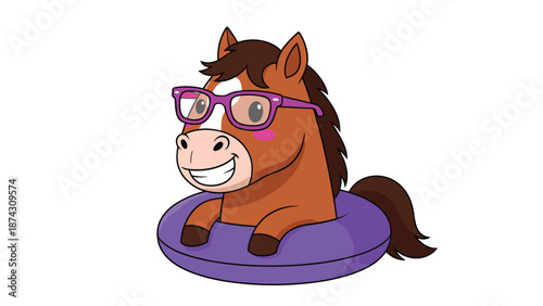 Cute brown horse character wearing pink glasses and floating in a purple swimming ring against a clean white background for fun.