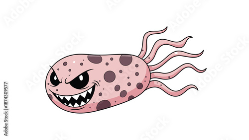 Malicious pink germ or bacteria character with sharp teeth and a menacing expression representing infection, disease, or illness.