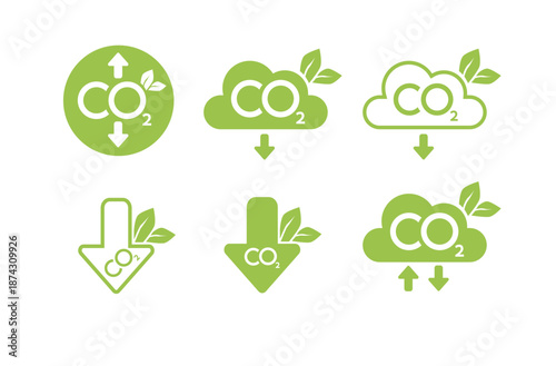 CO2 neutral icon set. Carbon gas emission reduction green labels. Ecology, environment, air pollution improvement concept. Flat Vector
