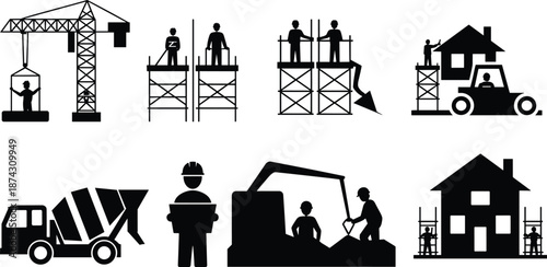 Construction work process silhouette icons set illustration, building site workers, crane, scaffolding, heavy machinery, house construction concept, black flat vector design