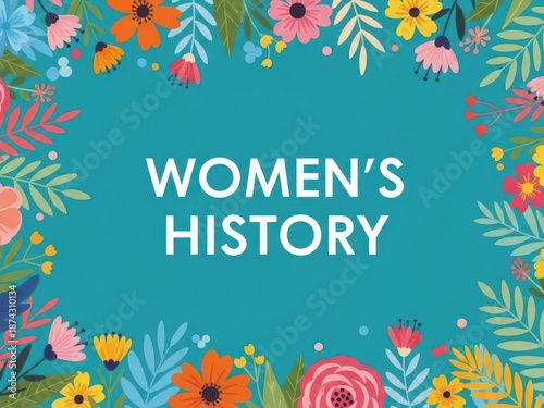 Vibrant floral wreath design with womens history text on teal background
