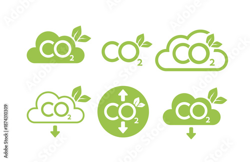 CO2 neutral icon set. Carbon gas emission reduction green labels. Ecology, environment, air pollution improvement concept. Flat Vector