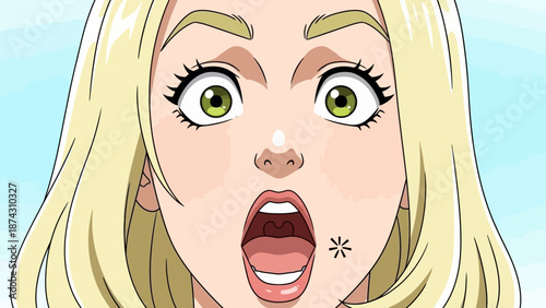 Blonde woman with shocked expression and open mouth