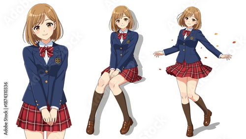 Anime schoolgirl in uniform posing in various dynamic positions