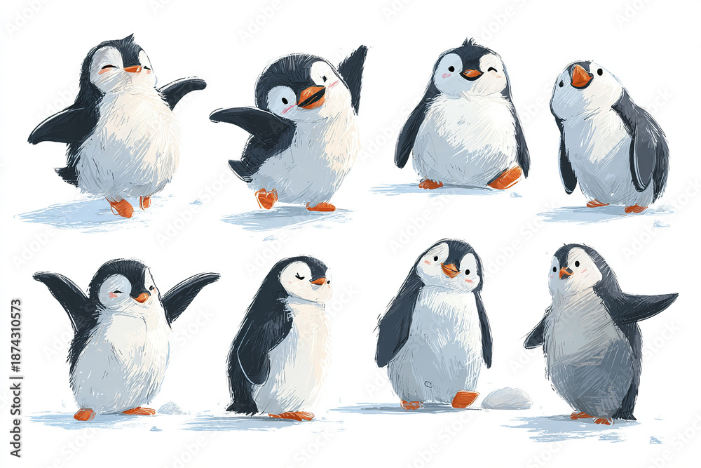 Fototapeta premium Cute playful penguin illustration set with multiple poses and expressions, showing joyful and lively mood in charming flat style drawing on white background