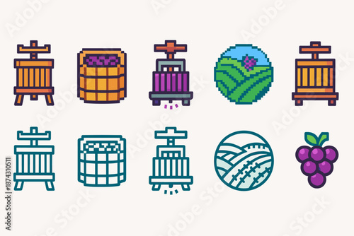 Wine making outline icon set. Vineyard, grape harvest linear icons collection