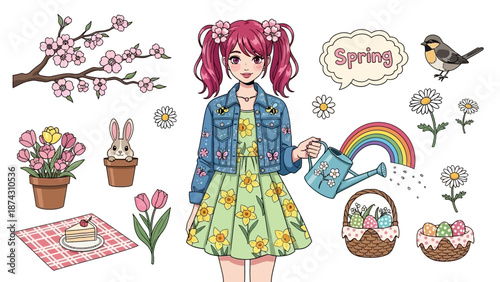 Cute girl in spring garden with flowers and bunny