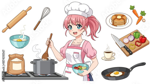Cute chef girl cooking with kitchen utensils and ingredients