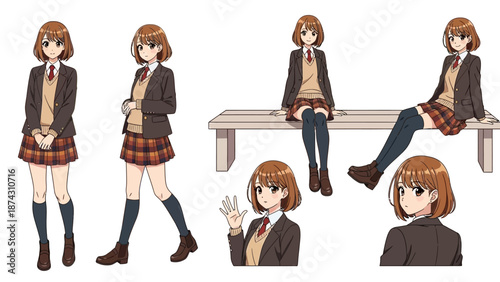 Anime schoolgirl in various poses and outfits