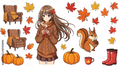 Cozy autumn girl with hot drink and fall decorations around her
