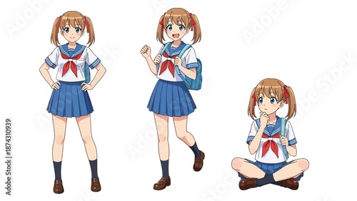 Cute schoolgirl in various poses with backpack and uniform