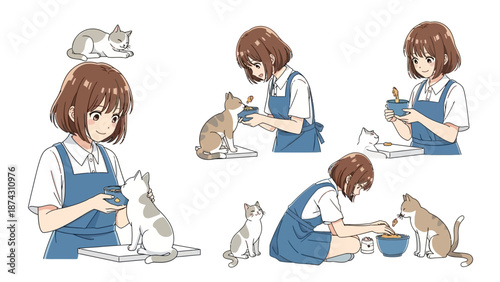 Cute girl feeding adorable cats in various heartwarming moments