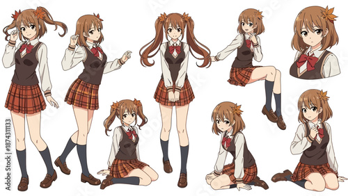 Anime schoolgirl in various poses and expressions