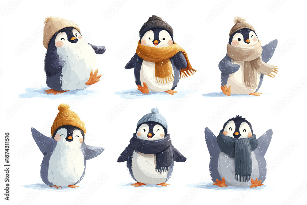 Obraz premium Cute penguin cartoon set wearing winter hats and scarves, happily playing and posing in snow with joyful expressions and playful gestures in festive winter scene