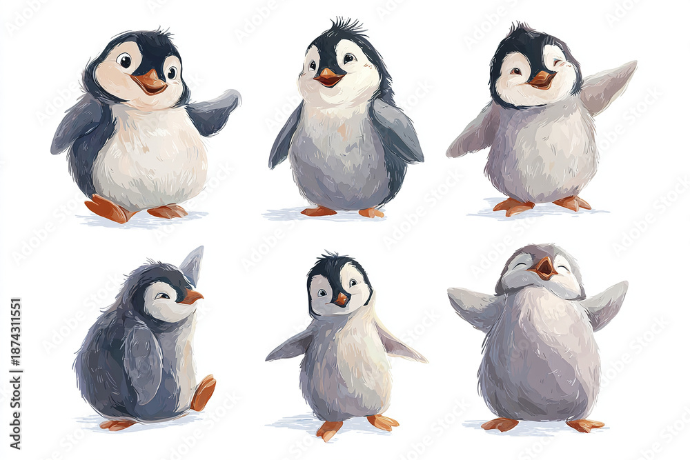 Fototapeta premium Cute baby penguin set with six different poses and expressions, featuring fluffy feathers and playful gestures, perfect for kids design and cartoon art collection