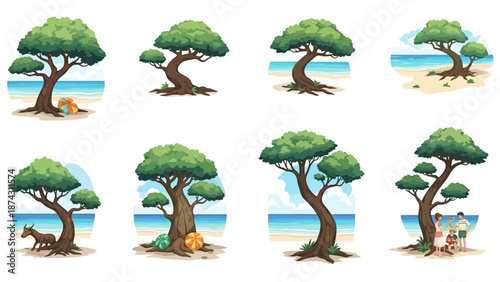 A serene beach scene with trees and various animals and people