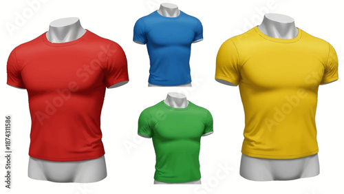 Four colorful t-shirts on mannequins against a white background