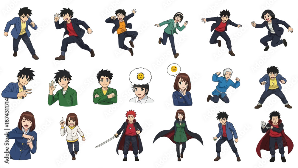 Fototapeta premium A group of anime characters in various poses and outfits on a white background