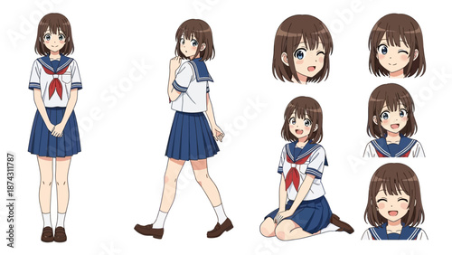 A cartoon girl in various poses and expressions in a sailor outfit