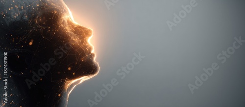 Abstract side profile of a human head formed by glowing particles, concept of artificial intelligence, mind, and data
