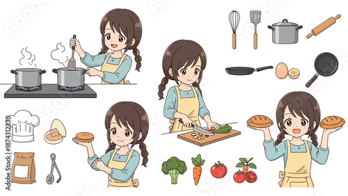 A cartoon girl cooking and baking with various kitchen utensils and ingredients