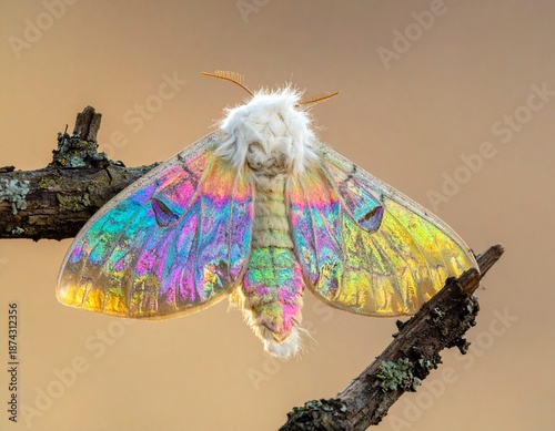 Rainbow Moth on Branch: A close-up view captures the mesmerizing beauty of a vibrant, iridescent moth resting delicately on a weathered branch. Showcasing nature's artful palette.