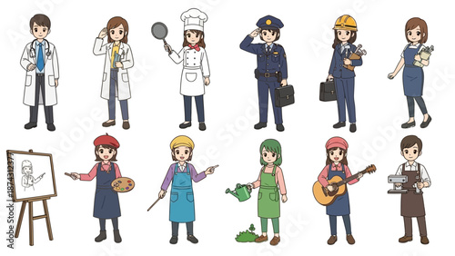 A diverse group of cartoon people in various occupations and activities