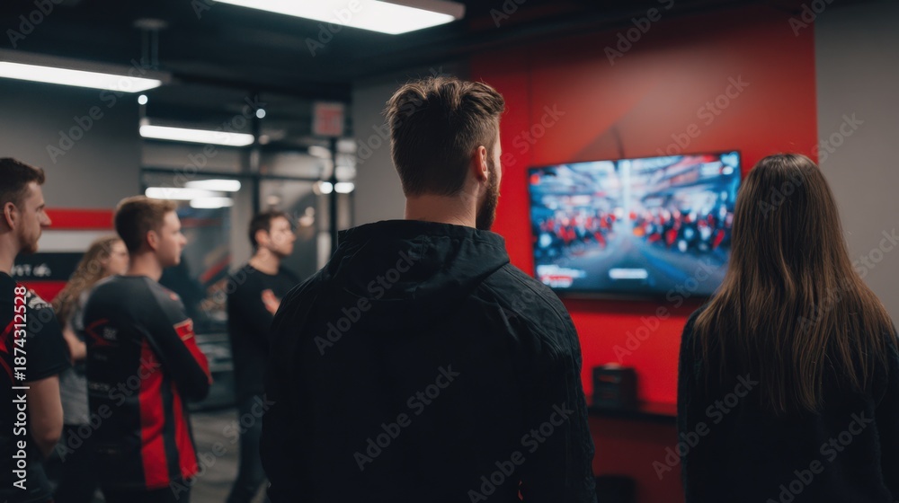 Fototapeta premium Team members collaborating during tournament preparation in a structured gaming lab with the coach analyzing performance on a central screen in sharp focus.