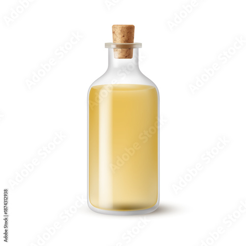 Coconut oil or lotion in bottle. Vector in realistic style, isolated aromatherapy liquid for cosmetic industry and massage, spa salon. Extract for skin and facial care, treatment and nutrition