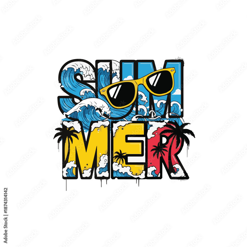 Obraz premium Bold Summer Typography with Waves, Palm Trees and Sunglasses – Ideal for T-Shirt Design, Streetwear, and Youth Apparel