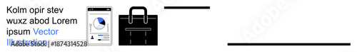 Business tools, data management, finance apps, productivity enhancement, e-commerce, workplace essentials. Mobile device with a chart and a black bag icon. Business tools and data management concepts