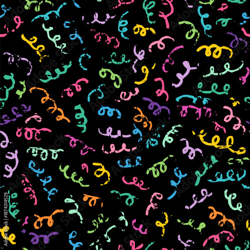 Scribble doodle lines vector seamless pattern, colorful textured squiggles on black background