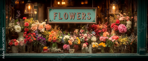 Beautiful flower shop window with vibrant floral arrangements displayed