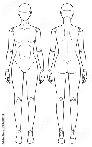 Basic 9-Head Female Fashion Figure Template with Joint Markers. Woman Body Croquis for Fashion Illustration and Technical Drawing. Front and Back View. Neutral Standing Pose.