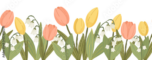 Pink and yellow tulips with white lily of the valley flowers, hand drawn botanical floral vector seamless border with green leaves.