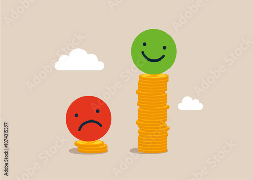 Happy face standing on much more paid money coins, sad face on less small income coin. Pay gap. Economic inequality. Flat vector illustration