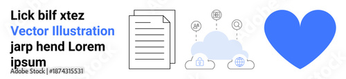 Cloud computing, data sharing, secure storage, digital communication, file management, technology concepts. Includes cloud, files and heart icon. Cloud computing and data sharing themed
