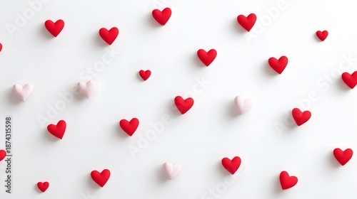 Numerous small decorative heart shaped objects in vibrant red and gentle pink are arranged in a scattered pattern across a bright white surface evoking feelings of love and celeb n